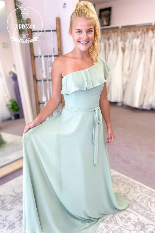Mint Chic A Line One Shoulder Chiffon Long Bridesmaid Dresses, BD25031