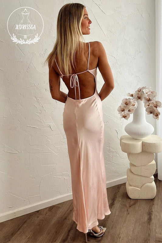 Blush Sheath Keyhole Neck Simple Silk Satin Tie-Back Maxi Dress, BD25042
