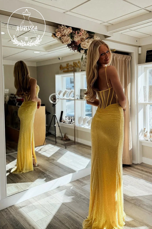 Yellow Sweetheart Mermaid Sequins Long Prom Dress with Slit, PD25842