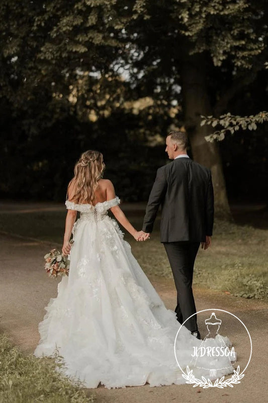 Fairy Long Ball Gown Off the Shoulder Tulle Wedding Dresses with Appliques, WD25009