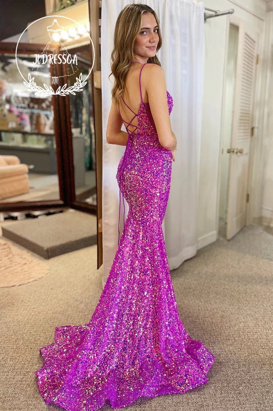 Magenta Lace-Up Long Mermaid Prom Dress with Sequins, PD25963