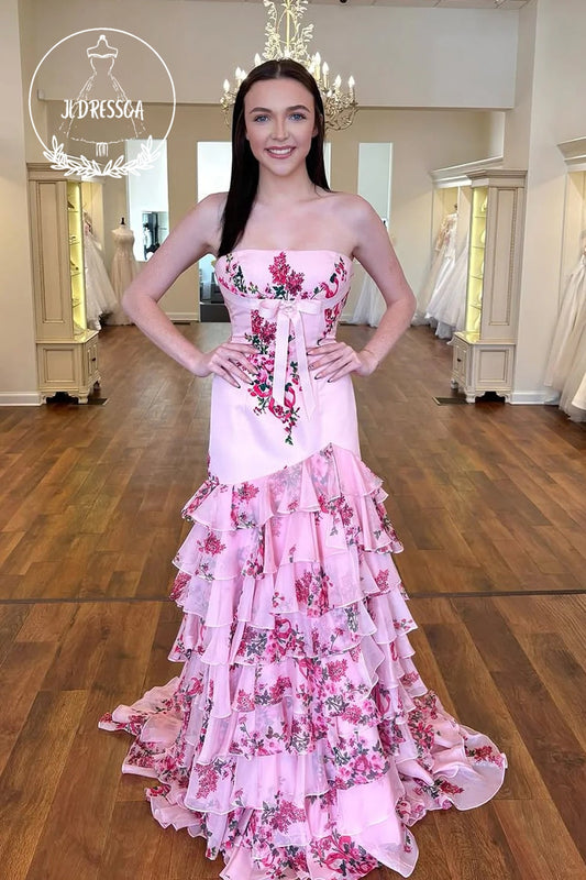Pink Strapless Mermaid Floral Printed Tiered Ruffle Long Prom Dress with Slit, PD25883