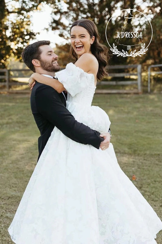 White A-Line Off-the-Shoulder Lace Wedding Dresses with Slit, WD25033