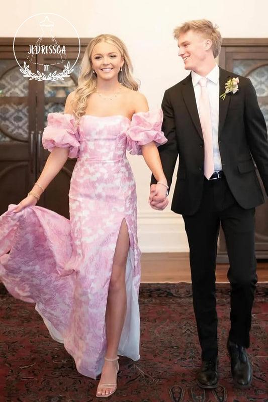 Pink Strapless Mermaid Floral Printed Long Prom Dress with Sleeves, PD25843