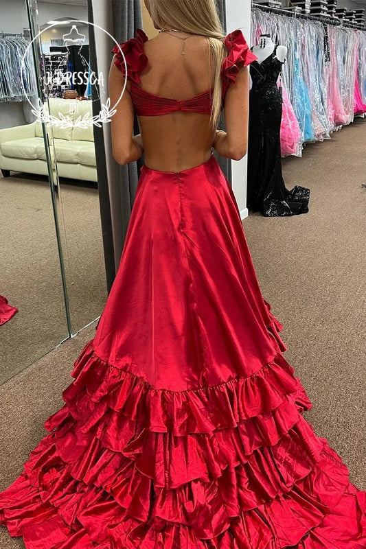 A-Line Cutout Ruffle Long Prom Dress with Slit, PD25913