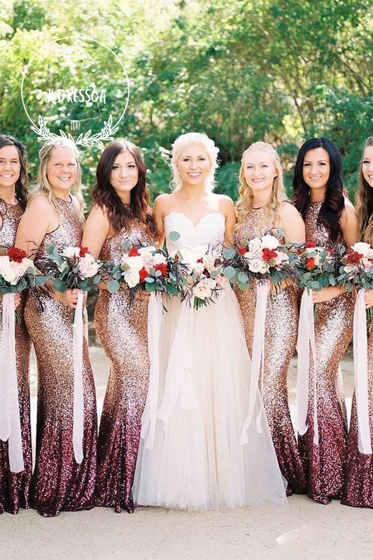 Mermaid Round Neck Rose Gold & Burgundy Sequins Long Bridesmaid Dress, BD25003