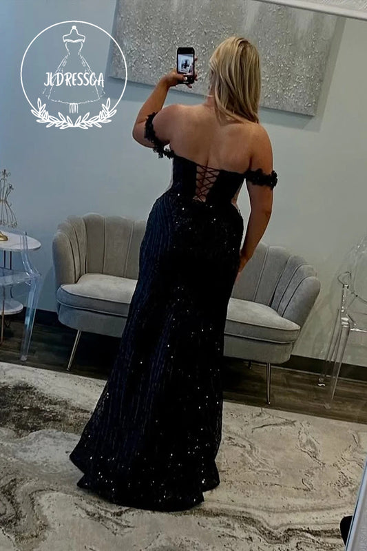 Black Off the Shoulder Mermaid Sequins Lace Long Prom Dress with Slit, PD25904