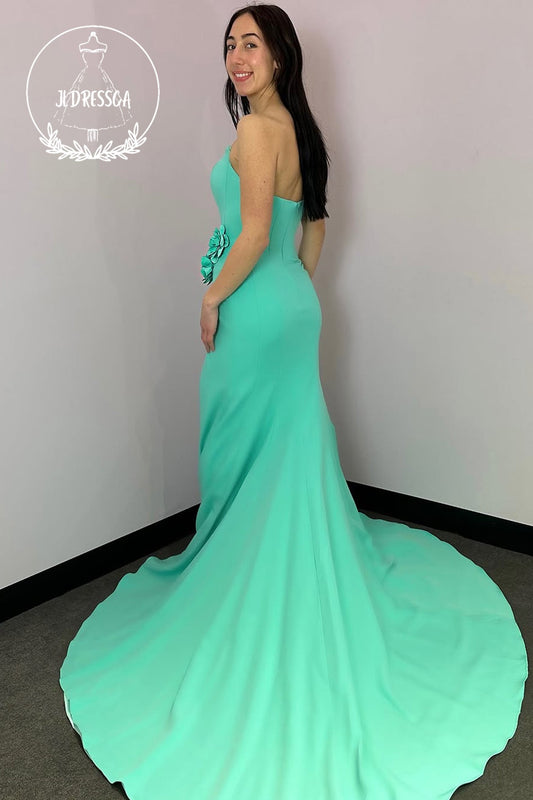 Mint Strapless Mermaid Satin Long Prom Dress with Slit, PD25824