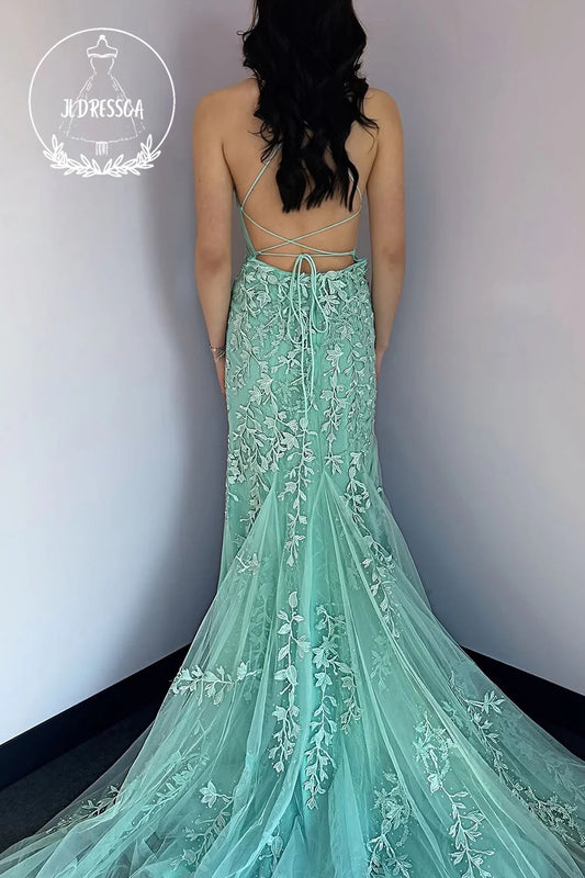 Mint Scoop Neck Mermaid Tulle Long Prom Dress with Appliques, PD25844