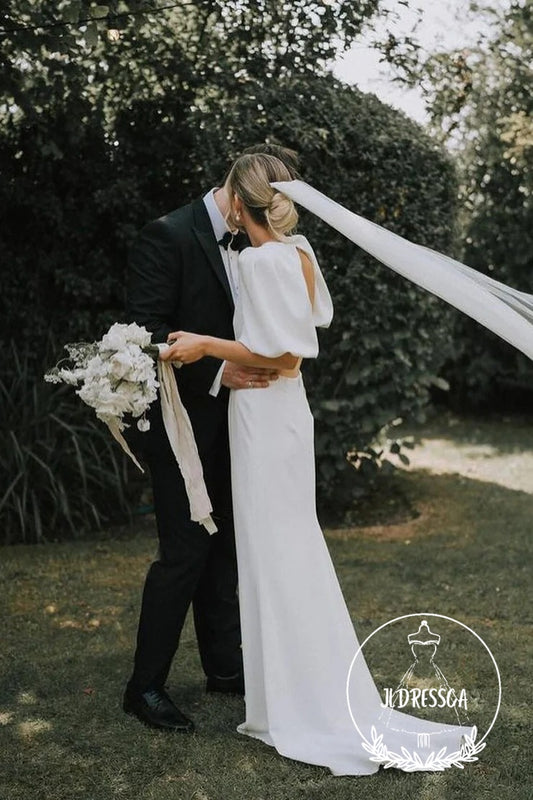 Fairy Long A-Line Elastic Satin Wedding Dresses with V Neck, WD25007
