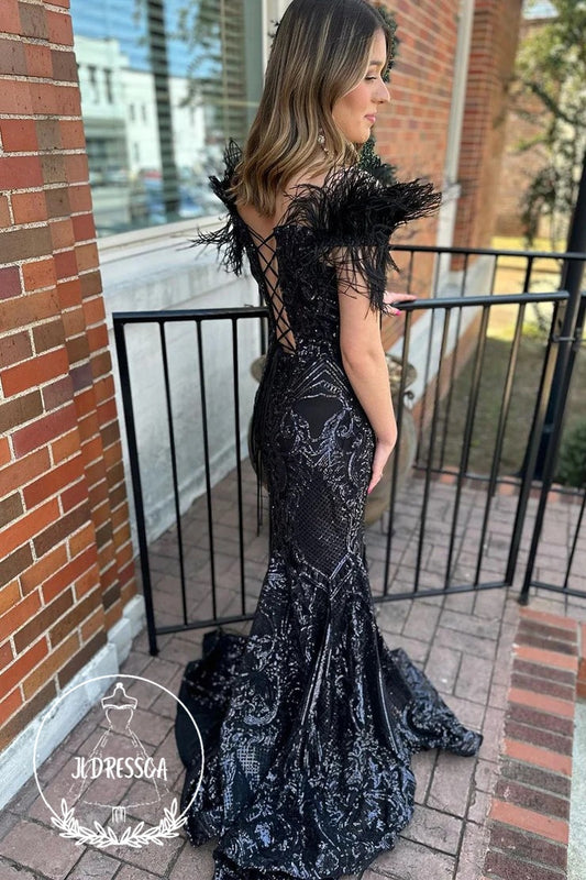 Black Long Off-the-Shoulder Mermaid Prom Dresses with Sequin Lace, PD25954