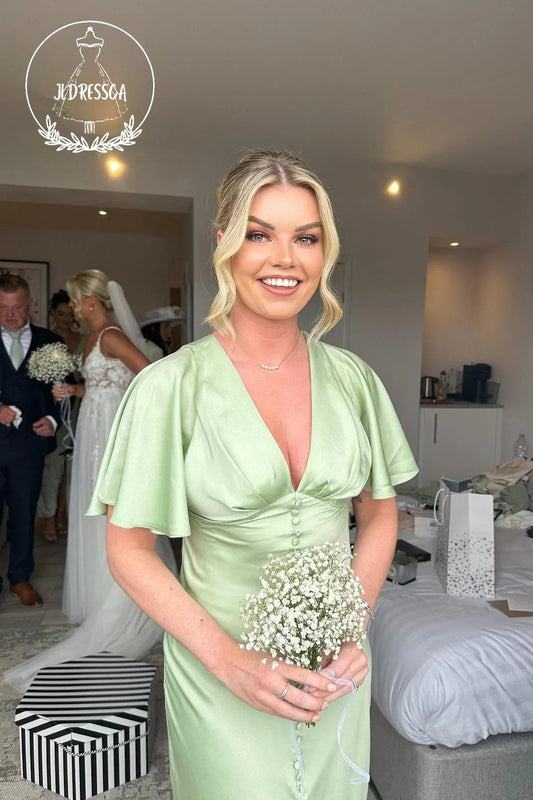 Light Green Sheath V Neck Simple Satin Bridesmaid Dress with Ruffled Sleeves, BD25014