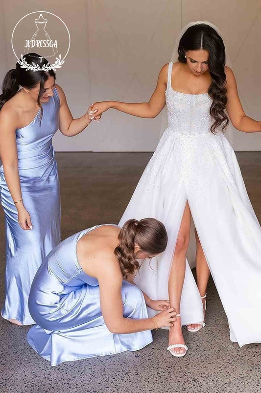 Silk Satin Sheath One Shoulder Fashion Long Bridesmaid Dresses, BD25045