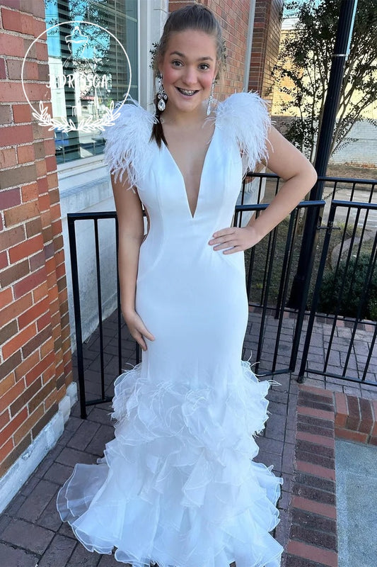 Hot Pink Plunge V Multi - Layer Feather Ruffle Long Prom Dress, PD25875
