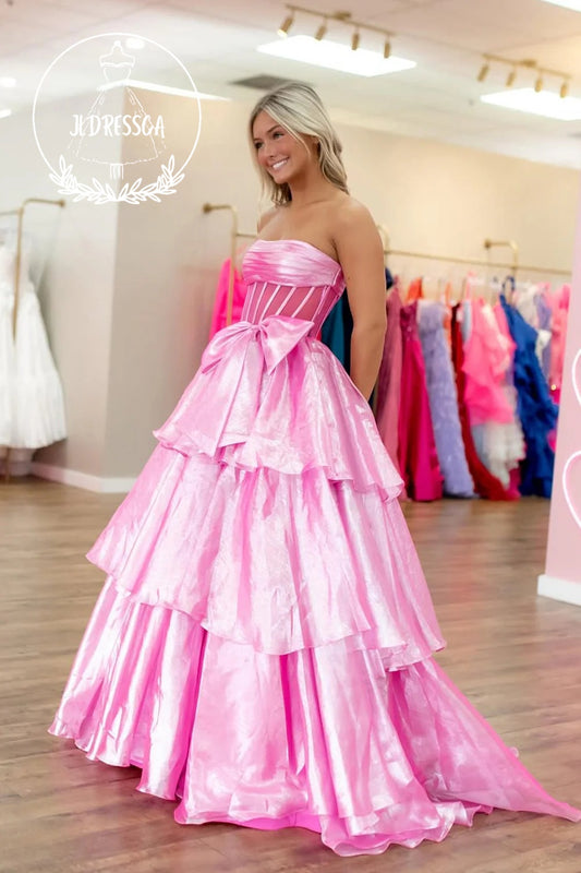 Pink Strapless Ball Gown Organza Ruffle Tiered Long Prom Dress with Bowknot, PD25906