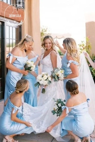 Blue Sheath Off-Shoulder Silk Satin Long Bridesmaid Dress, BD25046