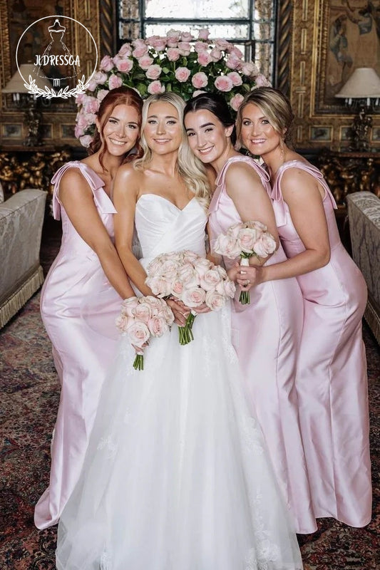 Pink Elegant Sheath Square Neck Satin Bridesmaid Dresses with Bow, BD25027