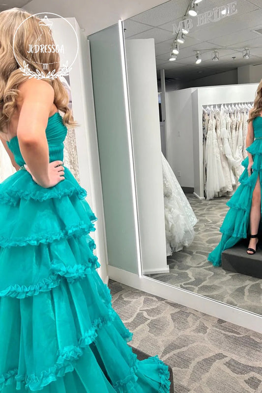 Green Strapless A-Line Ruffle Tiered Long Prom Dress with Slit, PD25837