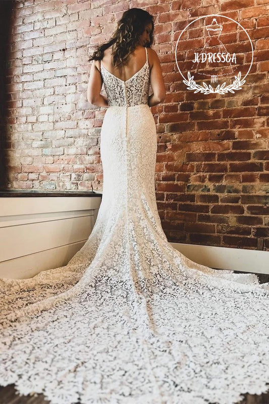 Off White Sweetheart Trumpet Long Lace Wedding Dress, WD25037