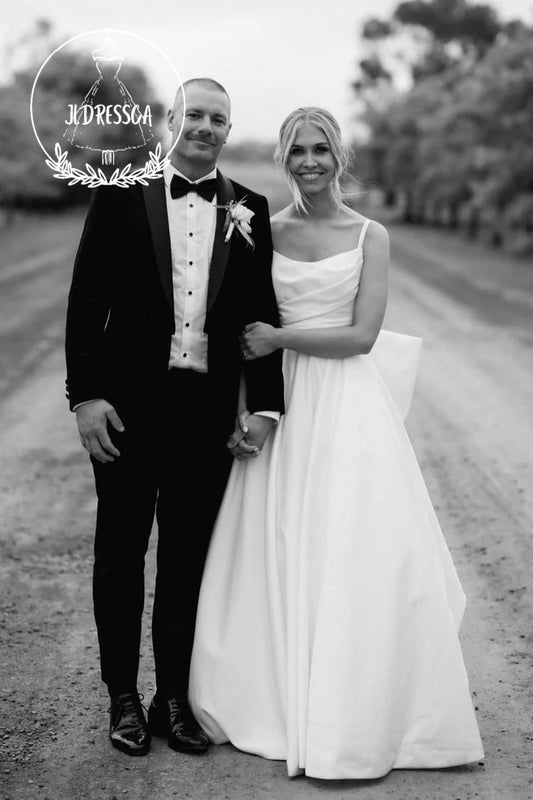 White A-Line Scoop Neck Satin Wedding Dress with Bow, WD25027