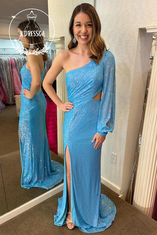 Blue One Shoulder Sequin Cutout Sheath Long Prom Dress, PD25927