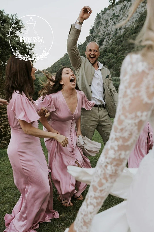 Blush Pink Long Sheath V Neck Silk Satin Bridesmaid Dresses, BD25008