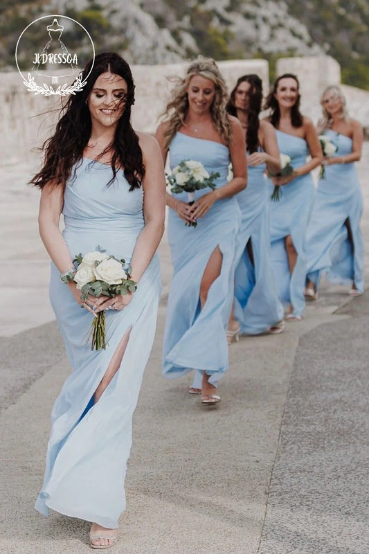 Light Blue Sheath One Shoulder Simple Chiffon Slit Bridesmaid Dress, BD25028