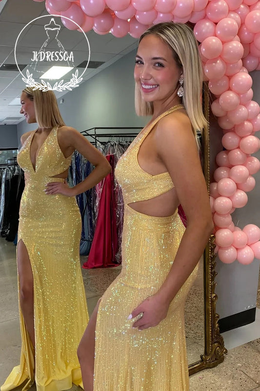 Yellow Halter Mermaid Beads Long Prom Dress with Slit, PD25908