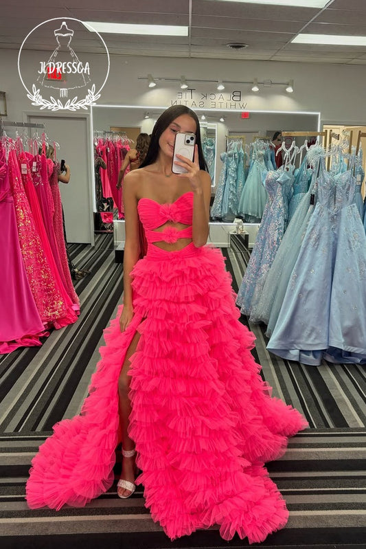 A-Line SStrapless Fuchsia Ruffle Tiered Long Prom Dresses with Slit, PD25829