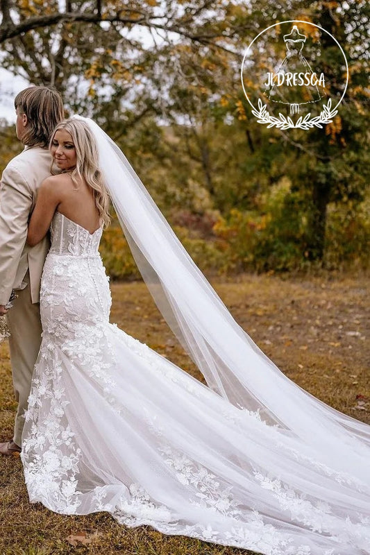 Mermaid Sweetheart Tulle Lace Wedding Dresses with Train, WD25039