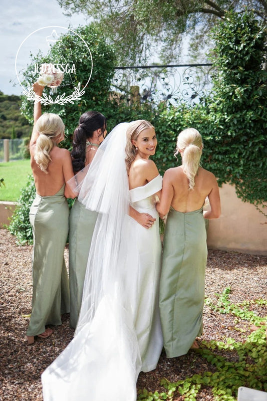 Sheath Long Halter Sage Green Silk Satin Bridesmaid Dresses, BD25009