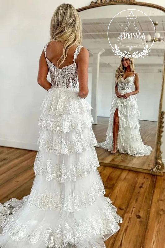White Long A - Line Prom Dresses with Sequin Lace and Sweetheart Neckline, PD25959