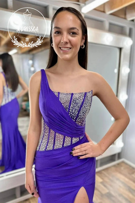 Purple One Shoulder Mermaid Prom Dress with Rhinestones, PD25859