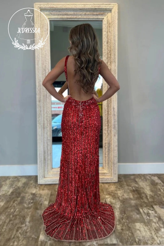 Red V Neck Mermaid Sequin Long Prom Dress with Slit, PD25869