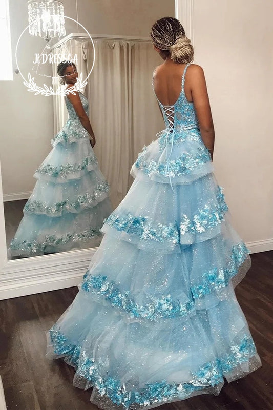 Blue V - Neck Sequin Lace Prom Dress with Attached Train, PD25930