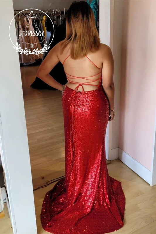 Red Surplice Sequin Lace-Up Mermaid Long Prom Dress with Slit, PD25880