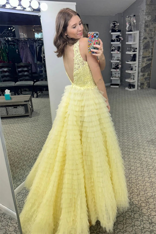 Yellow Tulle V Neck Tiered A - Line Long Prom Dresses, PD25504