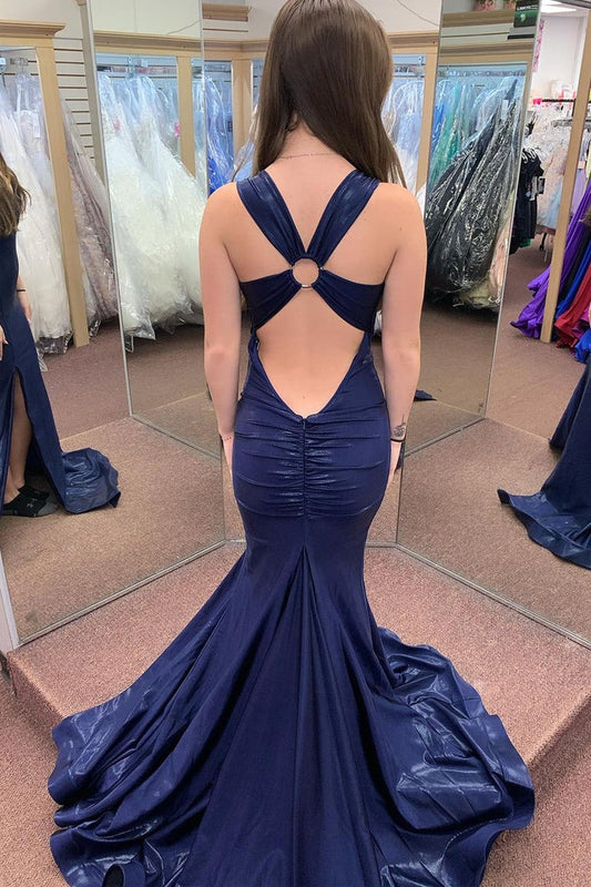 Navy Blue Satin Mermaid V Neck Long Prom Dress with Slit, PD25355