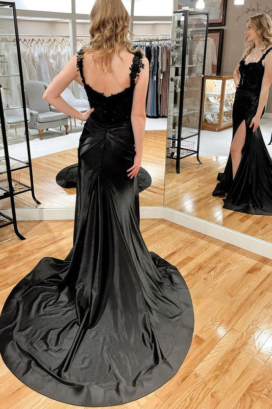 Black Satin Mermaid Sweetheart Long Prom Dress, PD25495