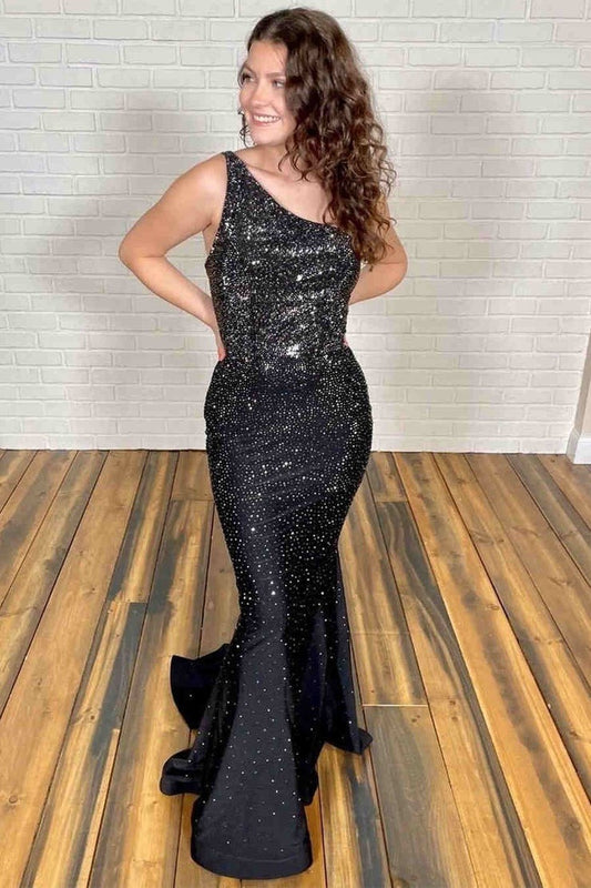 Black Mermaid Long Prom Dress with Rhinestones, PD25665