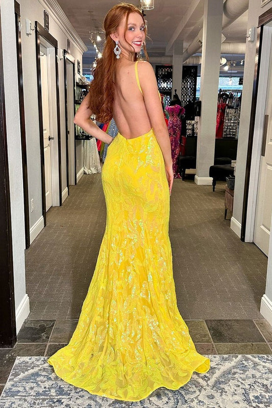 Yellow Sequins Lace Cute V Neck Mermaid Long Prom Dress, PD25415