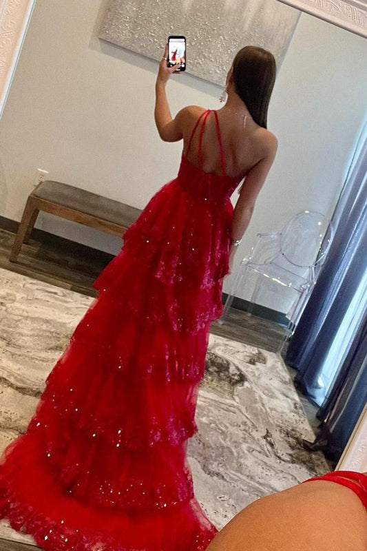 Red One Shoulder A-line Lace Appliques Long Prom Dress, PD25697