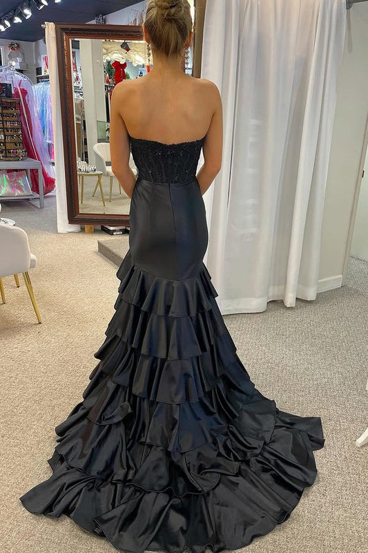 Black Mermaid Tiered Strapless Prom Dress with Appliques and Slit, PD25441