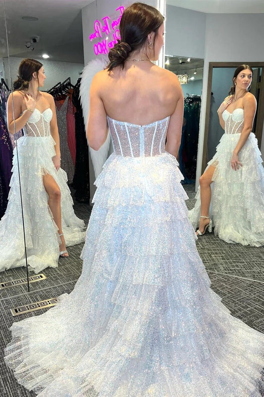 White Strapless Tulle Ruffle Glitter Long Prom Dresses, PD25531