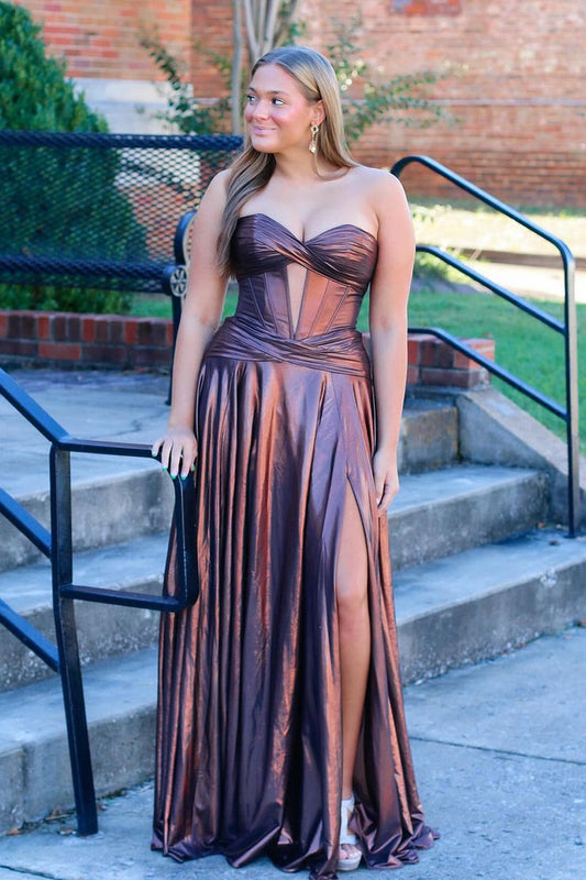 Brown Metallic Satin A Line Sweetheart Prom Dress with Slit, PD25252
