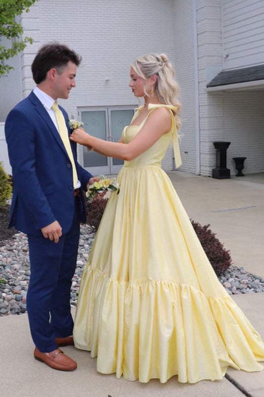 Sweetheart A Line Daffodil Satin Long Prom Dresses with Bow, PD25109