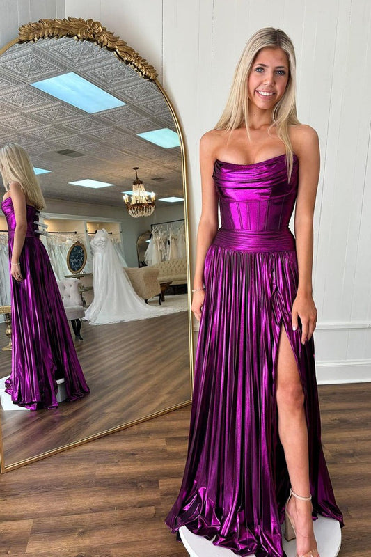 A-Line Strapless Long Pleated Prom Dresses with Slit, PD25598