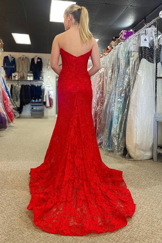 Red Mermaid Strapless Lace Long Prom Dresses with Slit, PD25529
