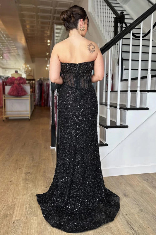 Black Strapless Sequins Mermaid Long Prom Dress with Slit, PD25667