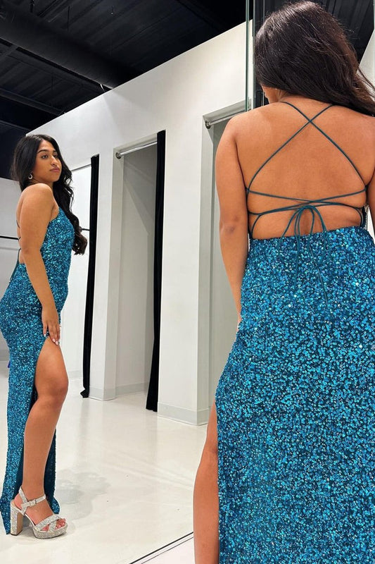 Peacock Blue Mermaid Scoop Neck Sequins Long Prom Dresses, PD25538